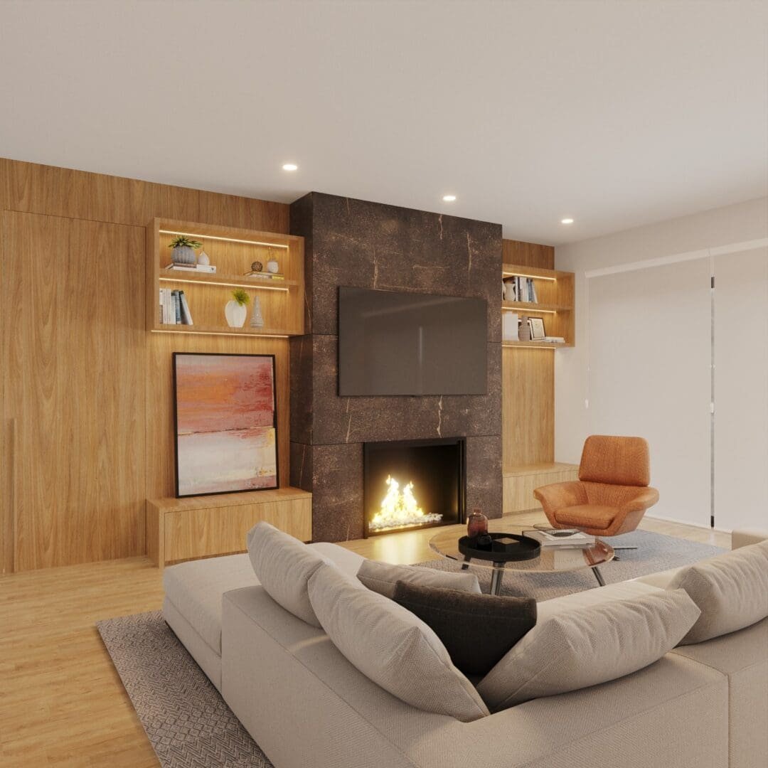 family-room-with-fireplace-and-wood-panel-wall