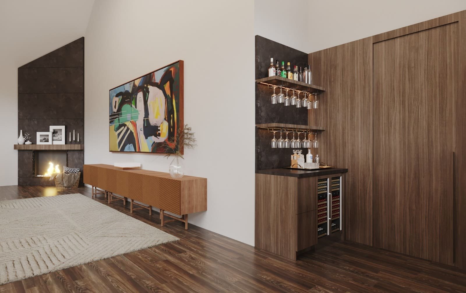 wood-panel-and-fireplace-for-a-bar